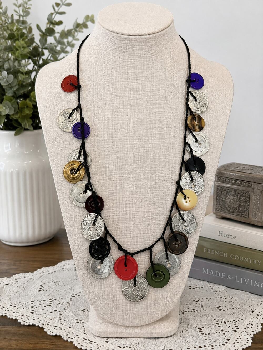 Handmade Button Coin Disc Black Cord Boho Statement Necklace 14 Inch Drop